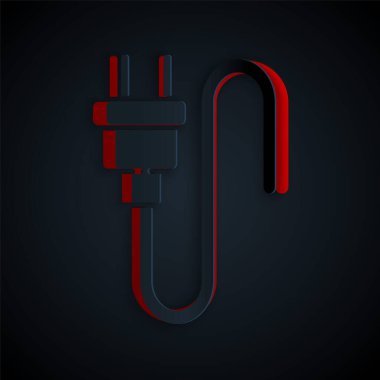 Kağıt kesiği Elektrik prizi simgesi siyah arkaplanda izole edildi. Bağlantı kavramı ve elektriğin kesilmesi. Kağıt sanatı tarzı. Vektör.