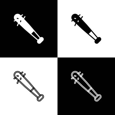 Siyah ve beyaz arka planda çivi simgesi olan beyzbol sopası ayarla. Şiddetli silah. Vektör.