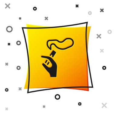 Beyaz arka planda izole edilmiş sigara ikonu tüttüren Kara El. Tütün tabelası. Sarı kare düğme. Vektör