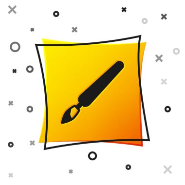 Beyaz arkaplanda siyah boya fırçası simgesi izole edildi. Sarı kare düğme. Vektör