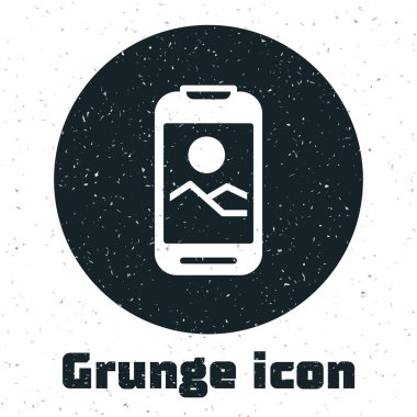 Grunge Smartphone, beyaz arka planda izole edilmiş bir cep telefonu simgesi. Tek renkli klasik çizim. Vektör