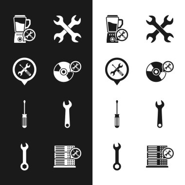 CD veya DVD disk servisi, Konum, Blender, çapraz anahtarlar, tornavida, Anahtarlık, Veritabanı sunucusu ve simgeyi ayarla. Vektör