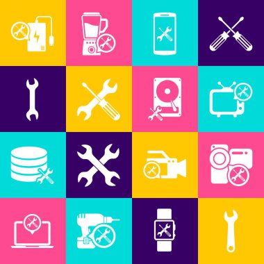 Wrench, Video kamera servisi, TV, Smartphone, çapraz tornavida ve anahtar, Güç Bankası ve Sabit disk simgesi. Vektör