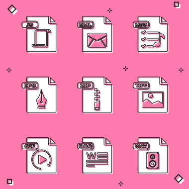 JS dosya belgesini, EML, M3U, EPS, ZIP, TIFF, GIF ve DOC simgesini ayarla. Vektör