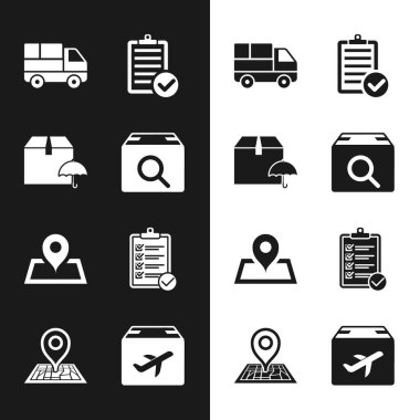 Arama paketini ayarla, şemsiyeli teslimat, kamyon kutuları, teslimat listesinin doğrulanması, Yer Tutucu haritası, uçak ve karton ve simge. Vektör