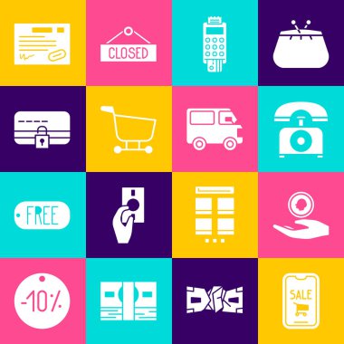 Cep telefonu, alışveriş arabası, telefon, kredi kartı, alışveriş, kredi kartı, kredi kartı, garanti sertifikası şablonu ve teslimat kamyonu ikonu olan POS terminali ayarla. Vektör
