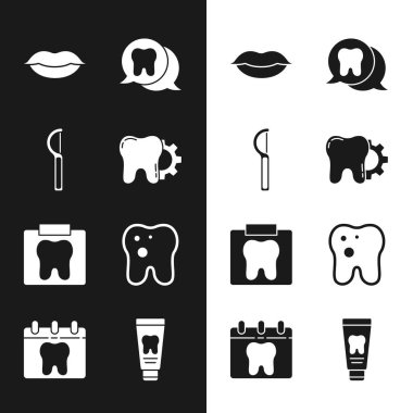 Diş tedavisi prosedürü, diş ipi, gülen dudaklar, diş röntgeni, diş bakımı, tüp diş macunu ve takvim ikonu. Vektör