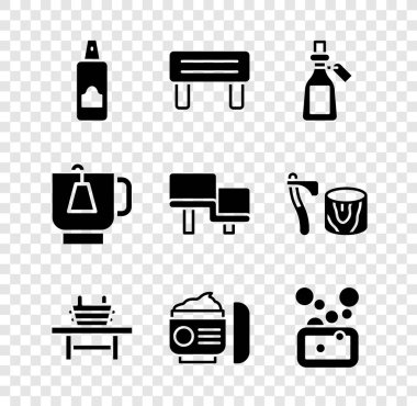 Saç spreyi için sprey kutusu, sauna tezgahı, temel yağ şişesi, kova, krem losyon kozmetik tüp, sabun, çay poşeti ve ikon. Vektör