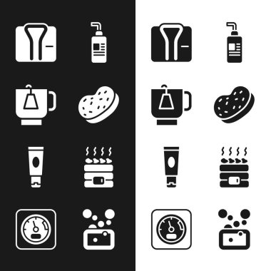 Banyo süngeri, çay poşetli çay, Bornoz, krem veya losyon kozmetik tüp, sıcak sauna taşları, sabun ve sauna termometresi ikonu. Vektör