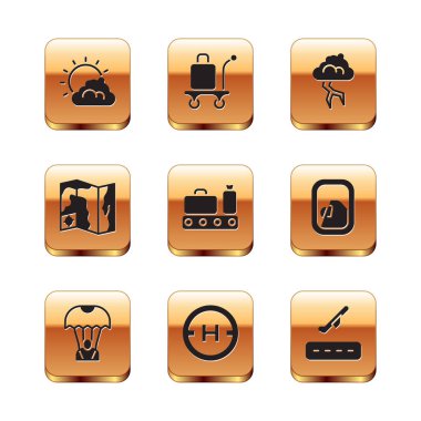 Güneş ve bulut havası, paraşüt, helikopter iniş pisti, bavullu taşıyıcı bant, dünya seyahati haritası, fırtına, uçak kalkışı ve Trolley bagaj ikonu. Vektör