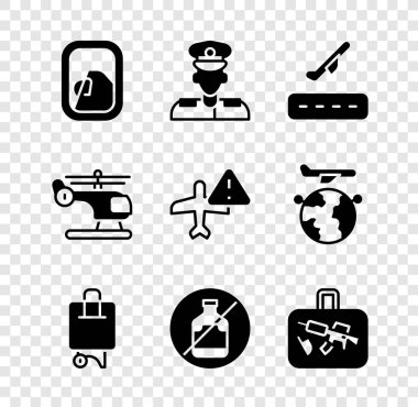Uçak penceresini ayarlayın, Pilot, Uçak kalkışı, Bavul, Alkol yok, Helikopter ve Uyarı uçağı simgesi. Vektör