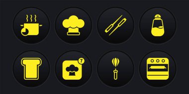 Ekmek tostu, tuz, şef şapkası, mutfak çırpısı, yemek çubukları, fırın ve tencere ikonu. Vektör