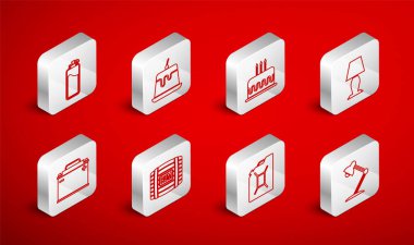 Masa lambası, puding kreması, yanan mumlu kek benzin için teneke kutu, şişe su, tahta fıçı rom ve araba aküsü ikonu. Vektör