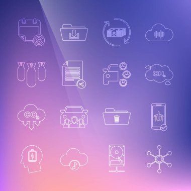 Hat Ağı, mobil uçuş modu, Metan emisyon azaltımı, İade parası, Paylaşım dosyası, Havacılık bombaları, Finansal takvim ve Araba Paylaşım ikonu ayarlayın. Vektör