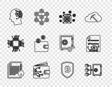 Line Smart sözleşmesi, kanıt, ASIC Madenci, Kripto para birimi cüzdanı dijital devre kartı olarak beyin, bitcoin ve ikon ile kalkan. Vektör