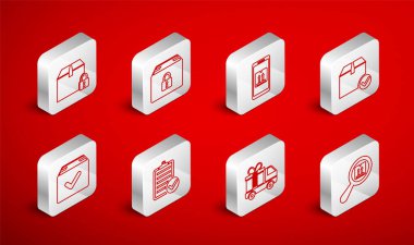 Satır Arama Paketi, Kilitli, Uygulama izleme ile mobil, Paket kutusu işaretli, Teslimat kamyonu hediyesi, dağıtım listesi ve simgenin doğrulanması. Vektör