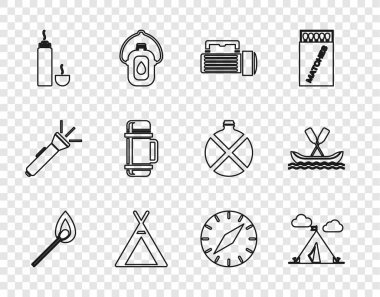 Ateş, turist çadırı bayrağı, el feneri, termos konteynırı, pusula ve rafting tekne ikonu ile kibrit yakma. Vektör