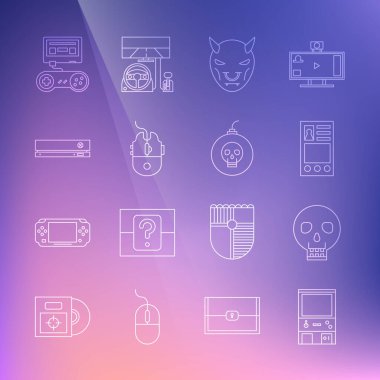 Çizgi çizgisi Retro oyun makinesi, Kurukafa, hesap ekranı oluştur, boynuzlu şeytanın maskesi, bilgisayar fare oyunu, video konsolu, oyun kumandası ve ikonu patlatmaya hazır bomba. Vektör