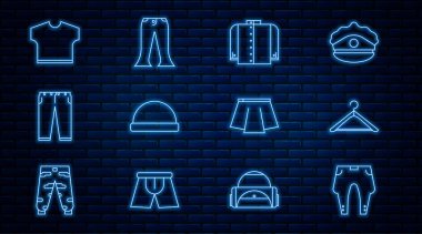 Çizgi pantolon, elbise askısı, tişört, Beanie şapkası, etek ve ikon. Vektör