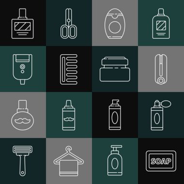 Köpüklü sabun, tıraş losyonu atomizleyicisi saç maşası, saç maşası, saç şampuanı, saç fırçası, tıraş bıçağı adamlar ve krem kozmetik tüp ikonu. Vektör