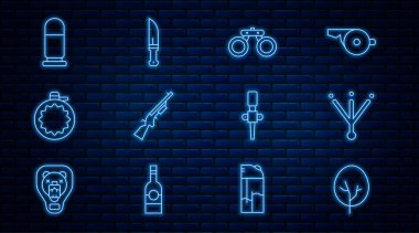 Hat Ağacı, Kuş Ayak izi, Dürbün, Pompalı, Kantin Su Şişesi, Kurşun, Meşale Ateşi ve Avcı bıçak ikonu. Vektör