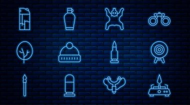 Kamp hattı, gaz ocağı, hedef sporu, ayı derisi, kış şapkası, ağaç, çakmak, kurşun ve matara ikonu. Vektör