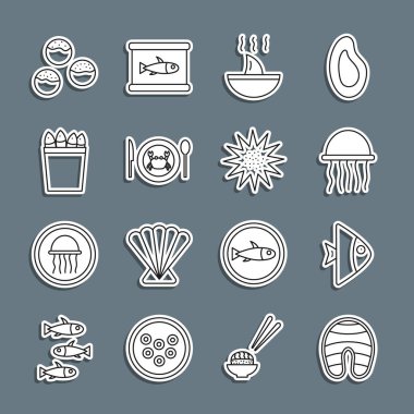 Balık bifteği, denizanası, köpekbalığı yüzgeci çorbası, tabakta yengeç, balık dolu balık kovası, Takoyaki ve deniz kestanesi ikonu. Vektör