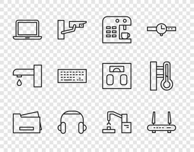 Hat yazıcı, Router ve wi-fi sinyali, kahve makinesi, kulaklık, dizüstü bilgisayar, klavye, robot kol fabrikası ve Meteoroloji termometre ikonu. Vektör