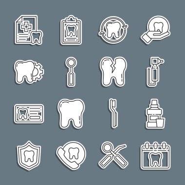 Takvimi diş macunu, ağız gargarası, diş matkabı, beyazlatma, diş kontrolü aynası, tedavi prosedürü, kart ve kırık ikon ile ayarla. Vektör
