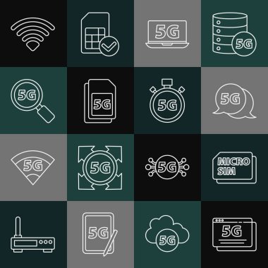 Satır 5G ağını, Micro Sim Kartı, Laptop with, Search, Wi-Fi kablosuz ve dijital hız ölçer simgesini ayarla. Vektör