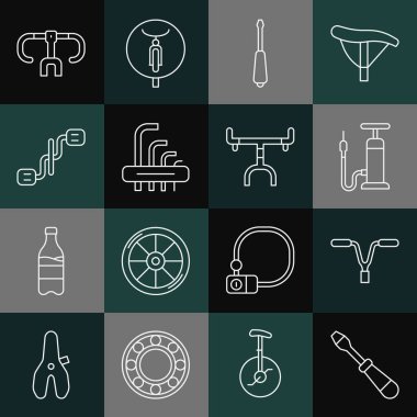 Tornavida, bisiklet gidonu, hava pompası, allen anahtarlar, pedallar ve simge ayarlayın. Vektör