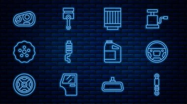 Şok emici, direksiyon, araba hava filtresi, susturucu, far, motor yağı ve motor pistonu simgesi için teneke kutu ayarlayın. Vektör