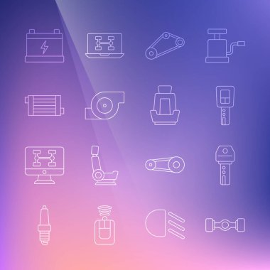 Chassis otomobili uzaktan kumandalı araba anahtarı, zaman ayarlı kemer kiti, otomotiv turbo şarj aleti, radyatör soğutma sistemi, akü ve koltuk ikonu. Vektör