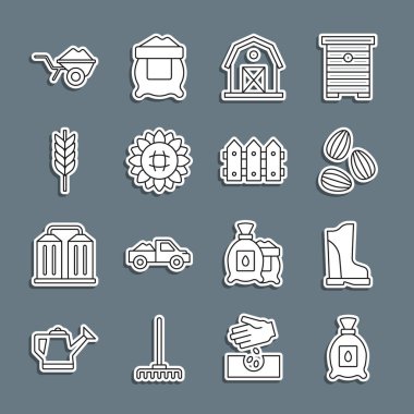 Bitki tohumu, su geçirmez lastik bot, tohumlar, çiftlik evi, ayçiçeği, buğday, çamurlu el arabası ve bahçe çiti ahşap ikonu dolu bir sıra oluştur. Vektör