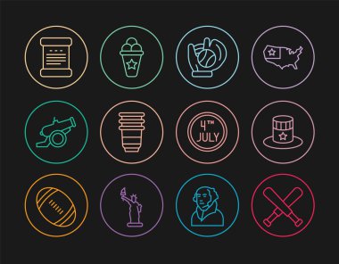 Çizgiyi aşmış beyzbol sopası, vatansever Amerikan silindir şapkası, beysbol eldiveni, kağıt bardak, top, bağımsızlık ilanı, takvim tarihi 4 Temmuz ve dondurma külahı ikonu. Vektör