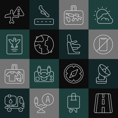 Havaalanı pisti, Radar, cep telefonu yok, bavul yok, dünya çapında, pasaport, uyarı uçağı ve uçak koltuğu ikonu. Vektör