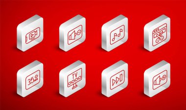 Satır Hoparlör sesi, sessiz, müzik notası, ton, video kaydedici ya da düzenleyici, Hızlı İleri, Online oynatma videosu, Akıllı TV ve Ses Jack simgesi ayarla. Vektör