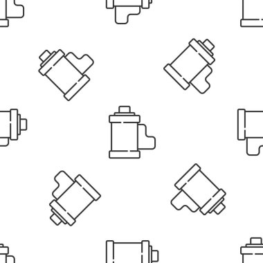 Gri çizgi kamera klasik film rulo kartuş ikonu beyaz arka planda izole edilmiş kusursuz desen. 35 mm 'lik film kutusu. Film şeridi fotoğrafçı ekipmanı. Vektör.