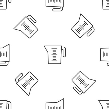 Gri çizgi ölçme kabı kuru ve sıvı yiyecek ikonunu ölçmek için beyaz zemin üzerinde izole edilmiş pürüzsüz desen. Plastik şişenin sapı var. Vektör.