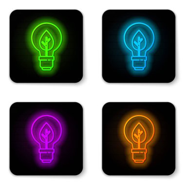 Beyaz zemin üzerinde yaprak simgesi olan parlak neon çizgisi ampul. Çevre enerjisi kavramı. Alternatif enerji kavramı. Siyah kare düğme. Vektör.