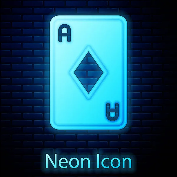 Leuchtend Neon Spielkarte Mit Diamanten Symbol Symbol Isoliert Auf Backsteinwand — Stockvektor