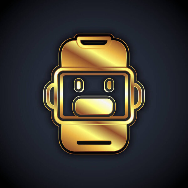 Gold Chat bot icon isolated on black background. Chatbot icon.  Vector