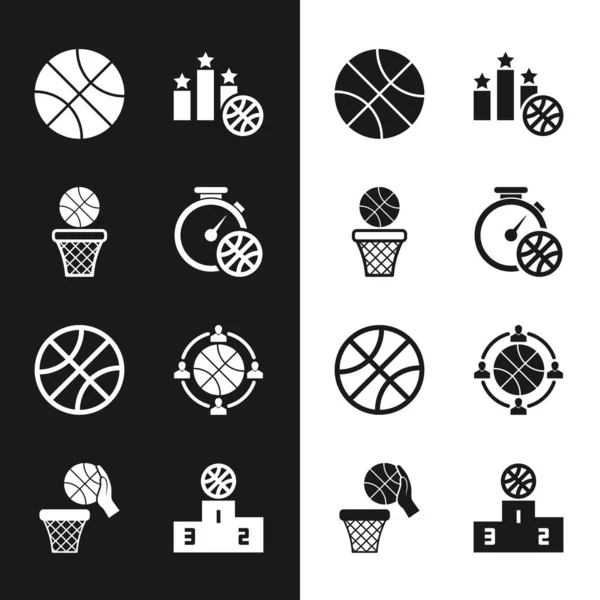 Установите Стоп Часы Баскетбольным Мячом Подиумом Победителя Спорте Стратегией Планирования — стоковый вектор