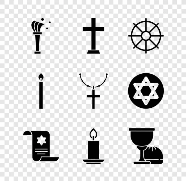 Set Aspergillum Croix Chrétienne Roue Dharma Rouleau Torah Bougie Ardente — Image vectorielle
