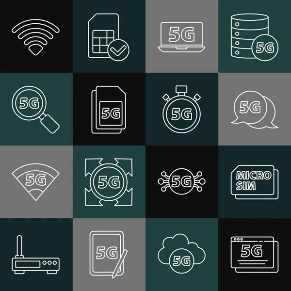 Satır 5G ağını, Micro Sim Kartı, Laptop with, Search, Wi-Fi kablosuz ve dijital hız ölçer simgesini ayarla. Vektör