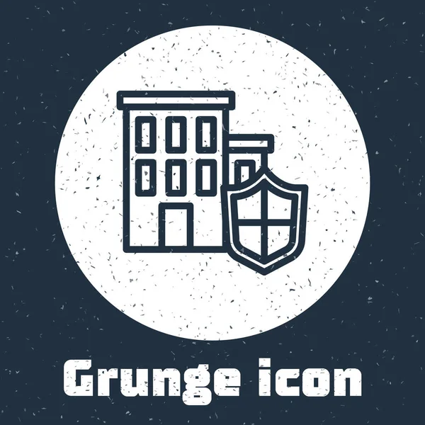 Grunge Ligne Maison Avec Icône Bouclier Isolé Sur Fond Gris — Image vectorielle