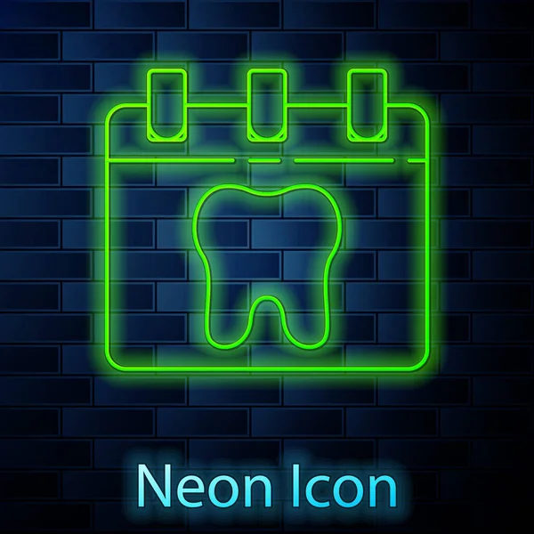 Glödande Neon Linje Kalender Med Tand Ikon Isolerad Tegel Vägg — Stock vektor
