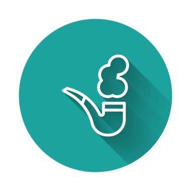 Duman ikonlu sigara piposu uzun gölge arkaplanlı. Tütün piposu. Yeşil daire düğmesi. Vektör