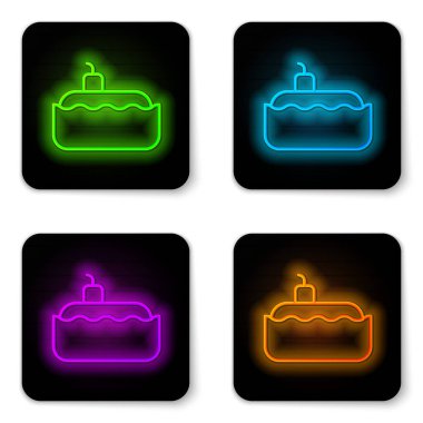 Parlayan neon hattı denizaltı simgesi beyaz arka planda izole edildi. Askeri gemi. Siyah kare düğme. Vektör