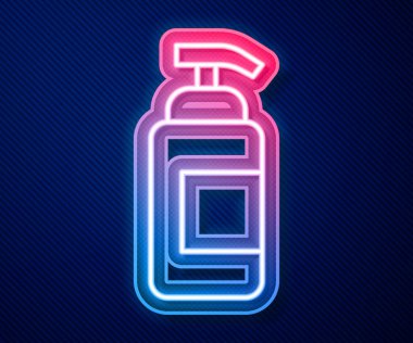 Parlayan neon hattı, mavi arkaplanda izole edilmiş sıvı antibakteriyel sabun. Antiseptik. Dezenfeksiyon, hijyen, cilt bakımı. Vektör